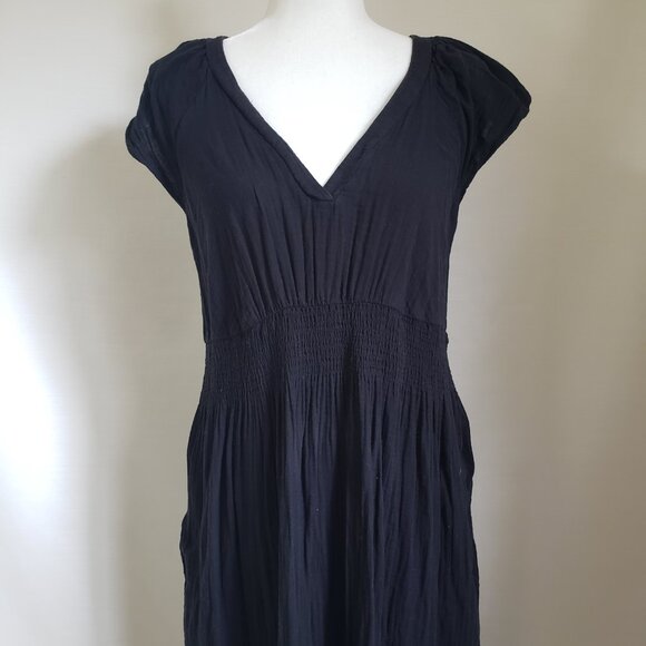 Old Navy Babydoll Long Dress L Solid Black Midi Plunge Neckline Pockets Pullover - Picture 4 of 6